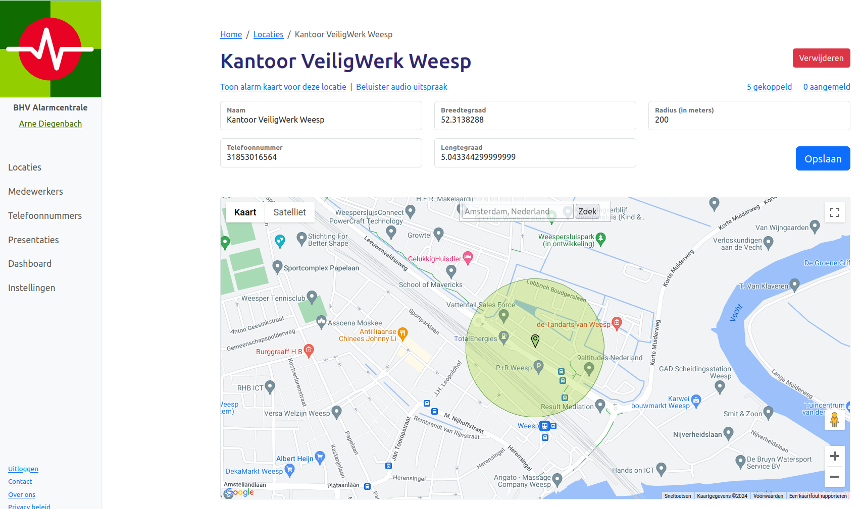 Locatie en aanmeld radius aangeven